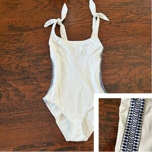 Lemlem Sofia One Piece Side Trim Swimsuit in White w/Blue Trim Sz Small NWT